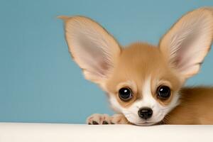 fermer de une mignonne chien avec bizarre oreille sur une Jaune Contexte. ai génératif photo