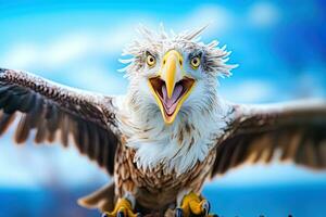 chauve Aigle avec gros yeux sur une foncé Contexte. ai génératif photo