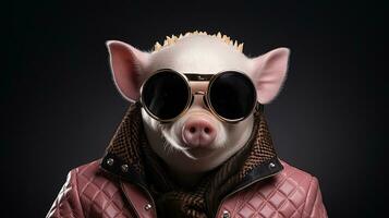 portrait de une marrant porc portant une chapeau et des lunettes de soleil sur une noir Contexte. ai génératif photo