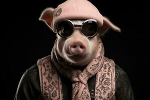 portrait de une marrant porc portant une chapeau et des lunettes de soleil sur une noir Contexte. ai génératif photo