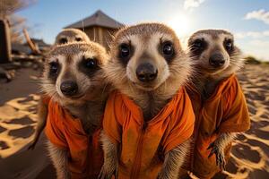 suricates dans Orange vestes et des lunettes de soleil sur le coucher du soleil Contexte. ai génératif photo