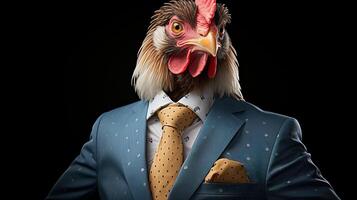 portrait de une coq dans une costume sur une foncé Contexte. anthropomorphe animal. ai génératif photo