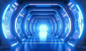 lumière couloir dans une moderne cyber science-fiction paramètre. ai généré photo