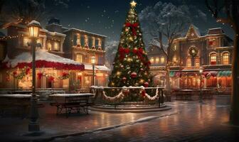 village carré orné avec scintillement Noël lumières. ai généré photo
