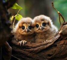 deux adorable bébé hiboux, avec large curieuse yeux, jeter un œil en dehors de le sanctuaire de leur arbre trou nid. ai généré photo