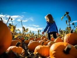 enfant, immergé dans merveille, pièces au milieu de une mer de citrouilles à une citrouille ferme pendant l'automne. ai généré photo