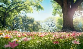 pittoresque printemps clairière avec épanouissement flore et des arbres ensemble contre une clair bleu ciel. ai généré photo