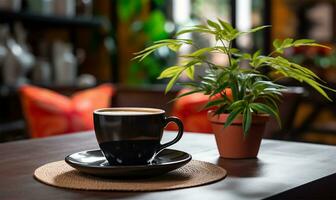 café tasse aux côtés de une plante. ai généré photo