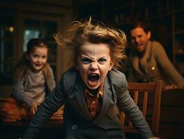 en colère en hurlant enfant avec visiblement stressé. ai généré photo