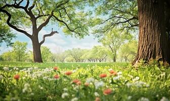 pittoresque printemps clairière avec épanouissement flore et des arbres ensemble contre une clair bleu ciel. ai généré photo