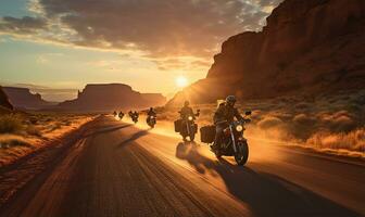 une groupe de moto cavaliers croisière ensemble sur une route. ai généré photo