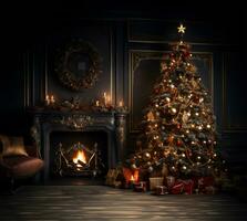 Noël arbre orné avec lumières et ornements suivant à une rugissement cheminée dans une chambre. ai généré photo