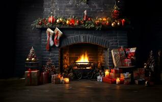 cheminée orné avec Noël décorations. ai généré photo