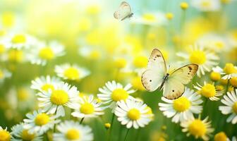 macro coup de vibrant Jaune santoline fleurs au milieu de espiègle papillons dans une prairie. ai généré photo