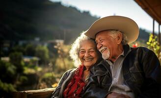 personnes âgées hispanique couple profiter le en plein air. ai généré photo