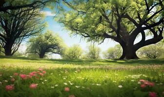 pittoresque printemps clairière avec épanouissement flore et des arbres ensemble contre une clair bleu ciel. ai généré photo