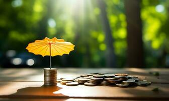 Jaune parapluie blindage pièces de monnaie sur une table en dessous de Naturel lumière. ai généré photo