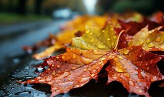 érable feuilles, fraîchement déchue sur le rue. ai généré photo