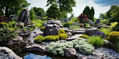 paysage vue de une méticuleusement conçu privé Roche jardin. ai généré photo