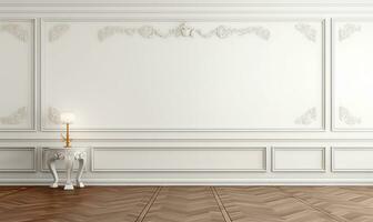 élégant vide pièce avec une parfait blanc mur orné avec classique style moulures. ai généré photo