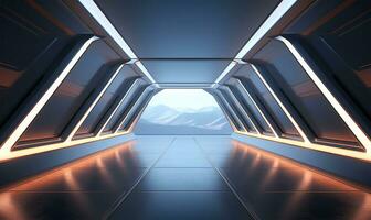 vide longue lumière couloir conçu comme une futuriste science-fiction Triangle tunnel. ai généré photo