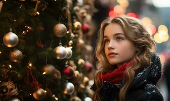 côté profil de une Jeune fille, yeux rempli avec merveille, permanent à côté de une majestueux Noël arbre ensemble dans une ville carré. ai généré photo