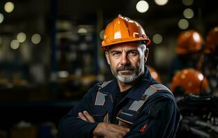 une diligent industrie entretien ingénieur des stands grand, habillé dans le sien professionnel uniforme complété par une sécurité difficile chapeau. ai généré photo