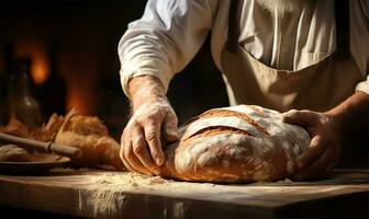 fermer se concentrer sur une boulanger mains comme elles ou ils habilement pétrir le pâte. ai généré photo