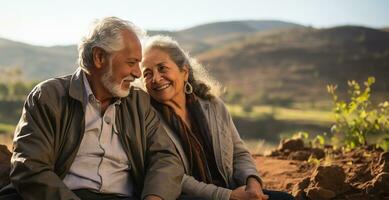 personnes âgées hispanique couple profiter le en plein air. ai généré photo