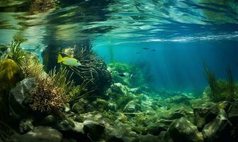 une fond marin couvert dans luxuriant vert herbiers marins. ai généré photo