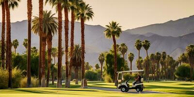 paysage vue de une parfait recours le golf cours baigné dans le lueur de parfait temps. ai généré photo