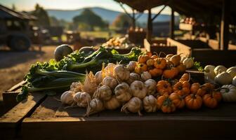 animé tomber Les agriculteurs marché débordant avec une coloré tableau de citrouilles et Frais automnal des légumes. ai généré photo