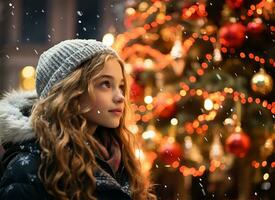 côté profil de une Jeune fille, yeux rempli avec merveille, permanent à côté de une majestueux Noël arbre ensemble dans une ville carré. ai généré photo