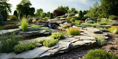 paysage vue de une méticuleusement conçu privé Roche jardin. ai généré photo