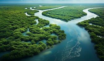 aérien vue de une rivière delta avec luxuriant vert végétation et enroulement cours d'eau. ai généré photo