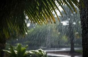 pluie dans le tropiques pendant le faible saison ou mousson saison. gouttes de pluie dans une jardin. génératif ai photo