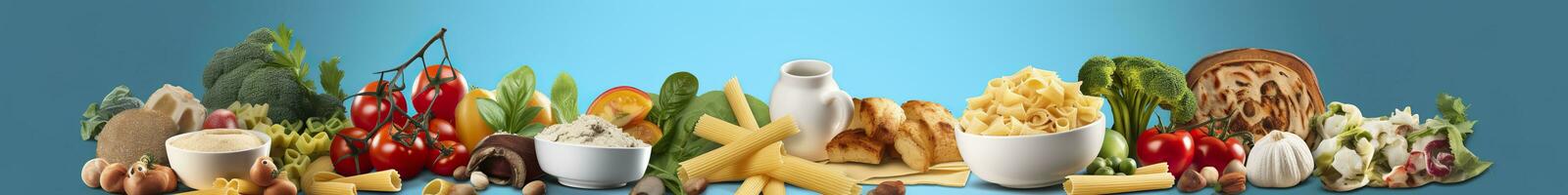 la toile page bannière de célèbre italien nourriture recettes sur nettoyer bleu Contexte. ai généré photo