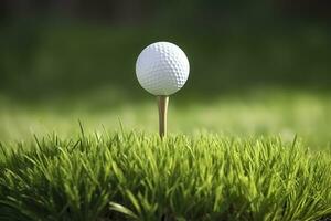 blanc le golf Balle sur en bois tee avec herbe. génératif ai photo