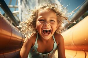 enfant souriant en jouant glissière à amusement parc. génératif ai. photo