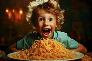 mignonne peu enfant garçon en mangeant spaghetti bolognaise ou Pâtes macaroni bolognaise à maison. content enfant en mangeant Frais cuit en bonne santé repas avec nouilles. génératif ai. photo