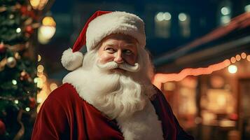 content vieux Père Noël claus portant chapeau sur le Noël veille. génératif ai. photo