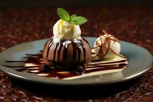 mini Chocolat gâteau ou fondant gâteau avec la glace crème surmonté ai généré photo