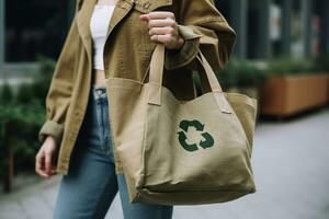 recycler symbole sur main et sac, durable et éco environnement concept. génératif ai photo