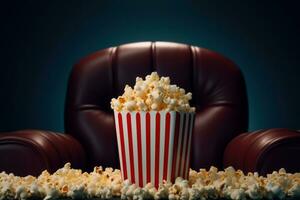 proche en haut sur une rouge et blanc rayé pop corn tasse dans une film théâtre. génératif ai photo