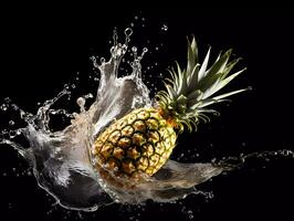 ai généré des fruits la photographie de ananas éclabousser dans le l'eau sur noir Contexte photo