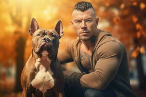 Beau brunette gars avec bouledogue. produire ai photo