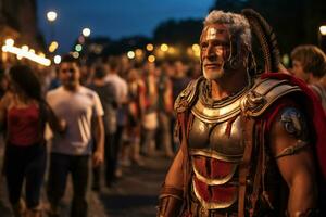 une rue interprète habillé comme une romain gladiateur une photo de une coureur sprint par une ville parc ai génératif