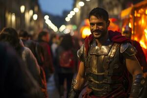 une rue interprète habillé comme une romain gladiateur une photo de une coureur sprint par une ville parc ai génératif