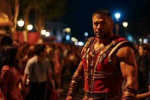 une rue interprète habillé comme une romain gladiateur une photo de une coureur sprint par une ville parc ai génératif