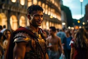 une rue interprète habillé comme une romain gladiateur une photo de une coureur sprint par une ville parc ai génératif